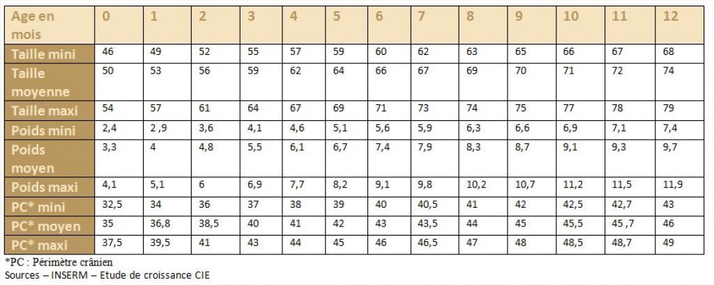 Guides des tailles bébé de 0 à 12 mois : taille, poids, périmètre crânien