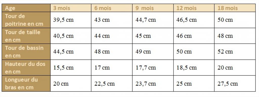 Mesures moyennes d'un bébé (tour de poitrine, tour de taille, tour de bassin, hauteur du dos, longueur bras) de 3 à 18 mois