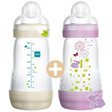 Un lot de deux biberons MAM anti-coliques 260 ml pour soulager les coliques de bébé (beige et violet).