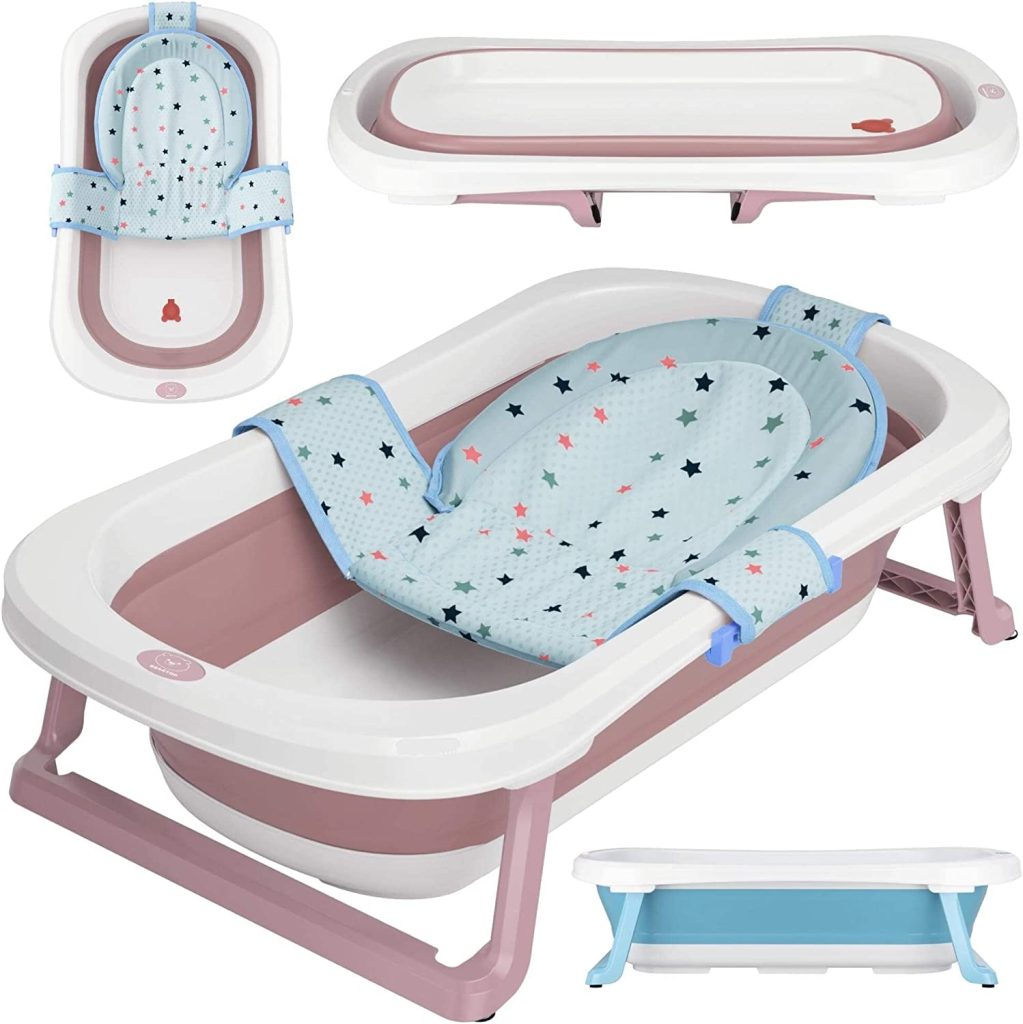 La baignoire pour bébé pliable Beartop a un hamac amovible aux motifs étoiles.