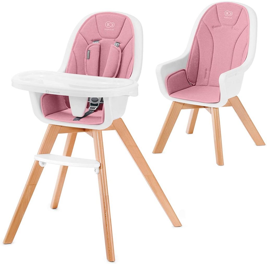 La chaise haute en bois évolutive TIXI de Kinderkraft a des pieds en bois.
