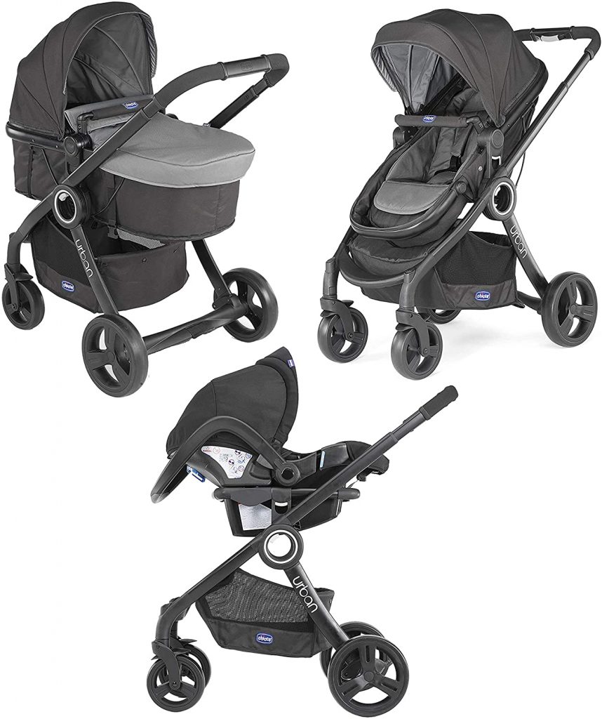 Cette poussette Chicco trio Urban Plus est de couleur anthracite et noire.