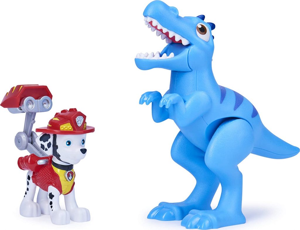 Ce pack comprend la figurine de Marcus de la Pat Patrouille et un dinosaure.