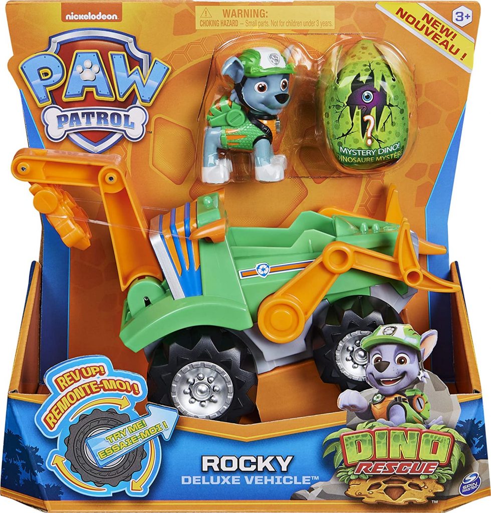 Le véhicule Dino Rescue de Rocky de la Paw Patrol possède une figurine et un dinosaure surprise.