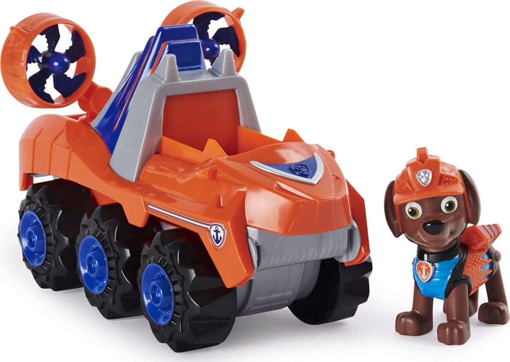 Le véhicule Dino Rescue de Zuma de la Paw Patrol est orange.