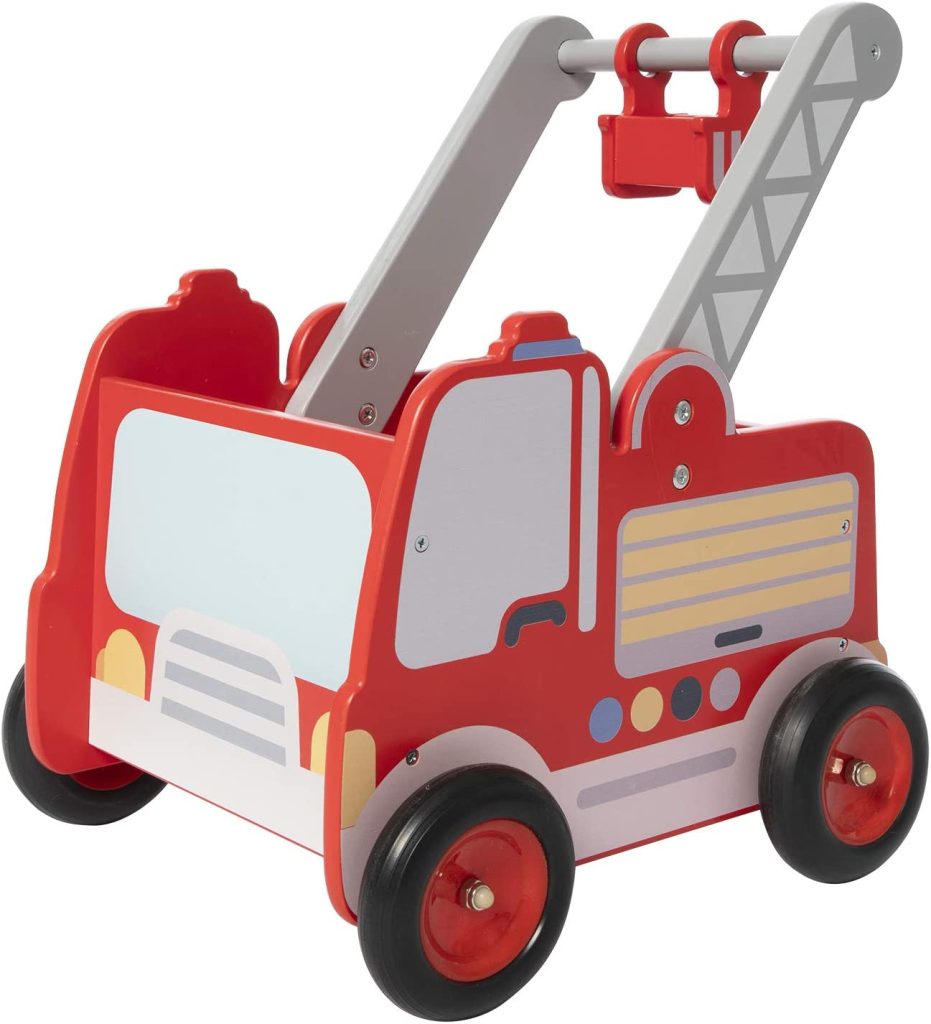 Ce chariot de marche Labebe en bois représente un sublime camion de pompiers.