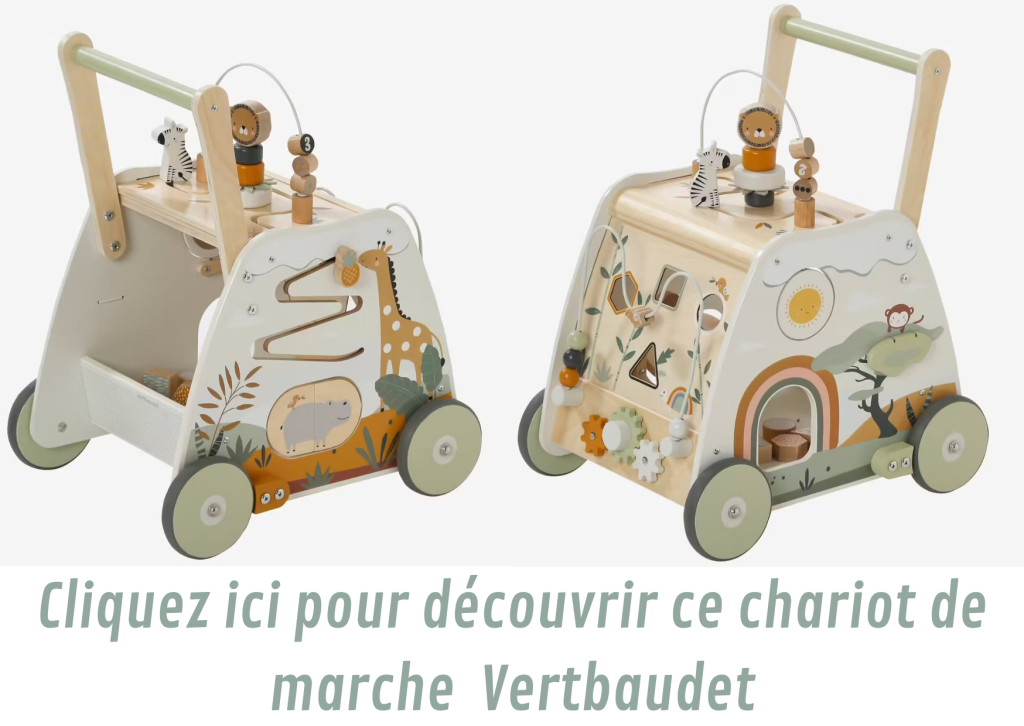 Ce chariot de marche en bois pour bébé est sur le thème de la Tanzanie.