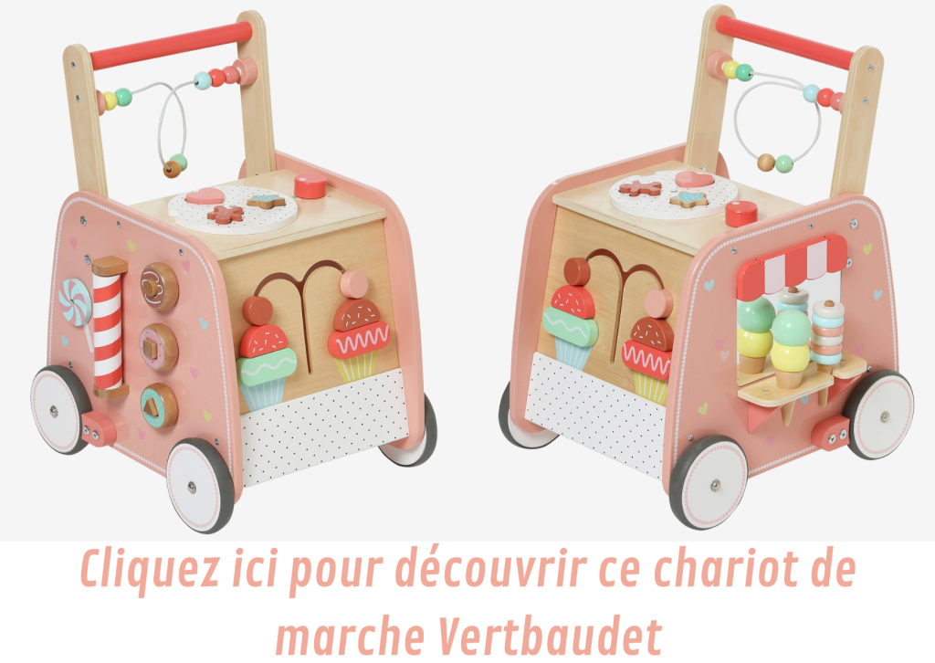 Ce chariot de marche Vertbaudet possède diverses activités ludiques autour des friandises.