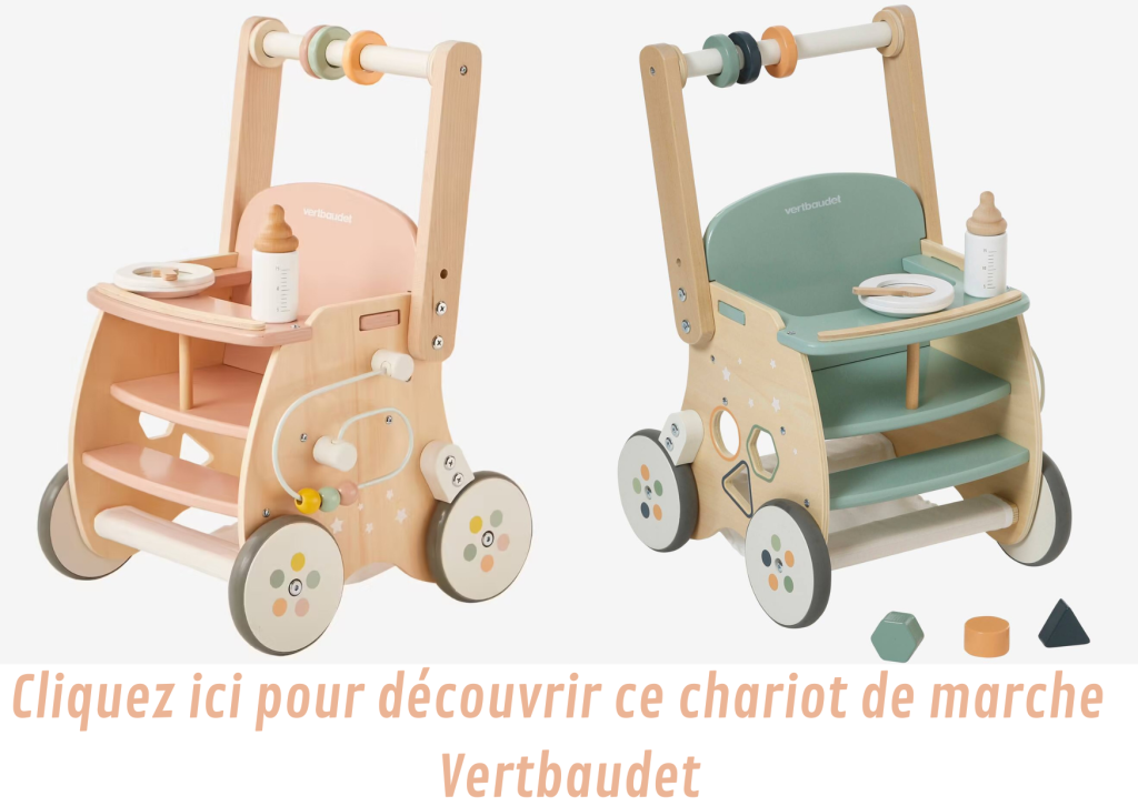 Ce chariot de marche poussette Vertbaudet existe en rose ou en vert.