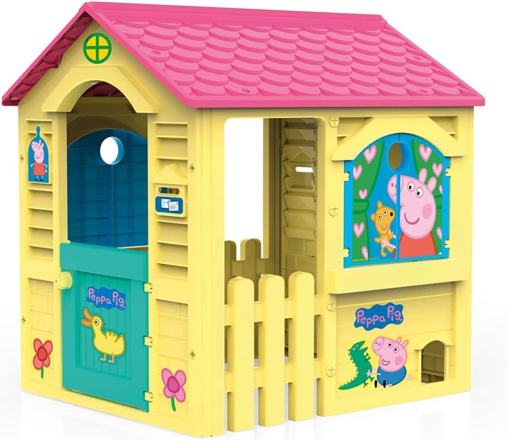 La maison de jardin Peppa Pig Chicos est jaune et a un toit rouge.