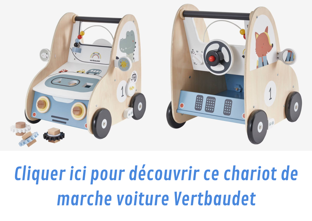 Ce pousseur pour bébé SIMON Vertbaudet est une petite voiture à pousser.