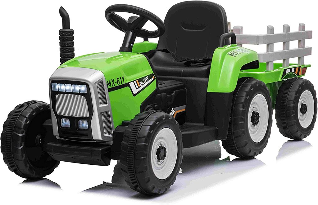 Ce tracteur électrique pour enfant de la marque Riricar est vert.