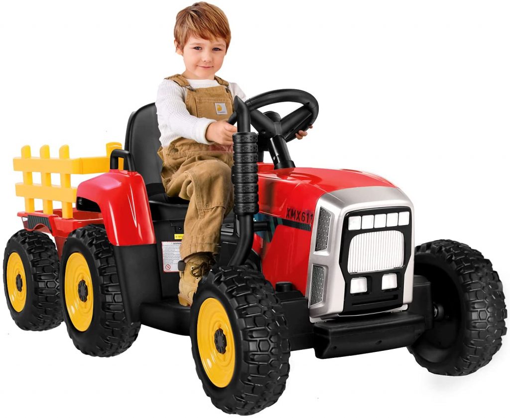 Ce tracteur électrique Tractor est de couleur rouge.