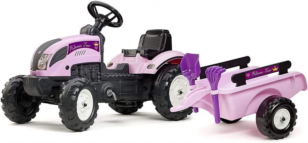 Ce tracteur pour fille Falk a une remorque.