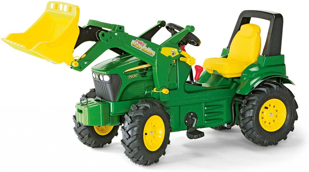 Ce tractopelle pour enfant à pédales Rolly Toys est vert et jaune.