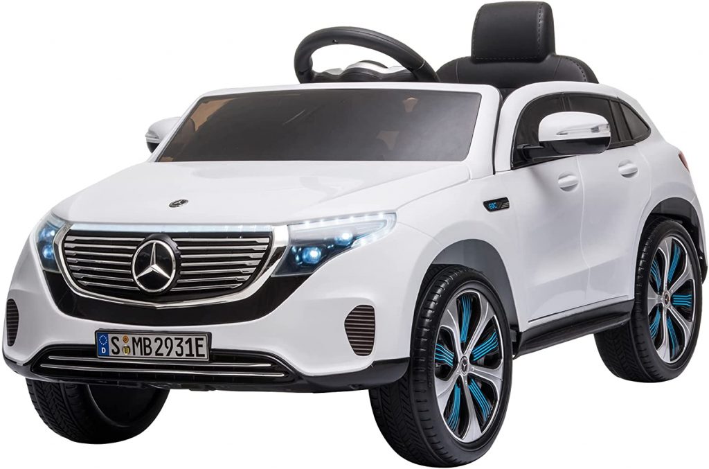 Cette voiture électrique pour bébé Mercedes Homcom est de couleur blanche.