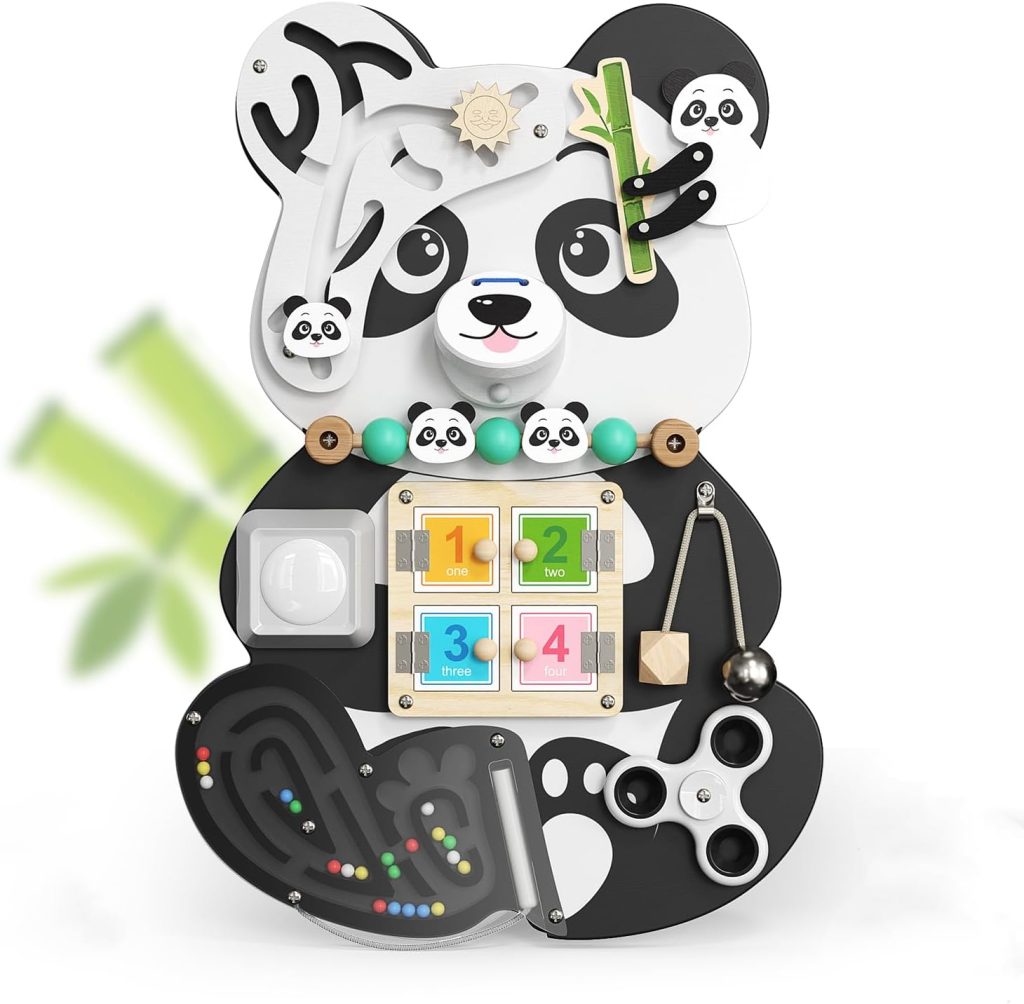 Ce busy board pour bébé en bois Do-Electr représente un panda.