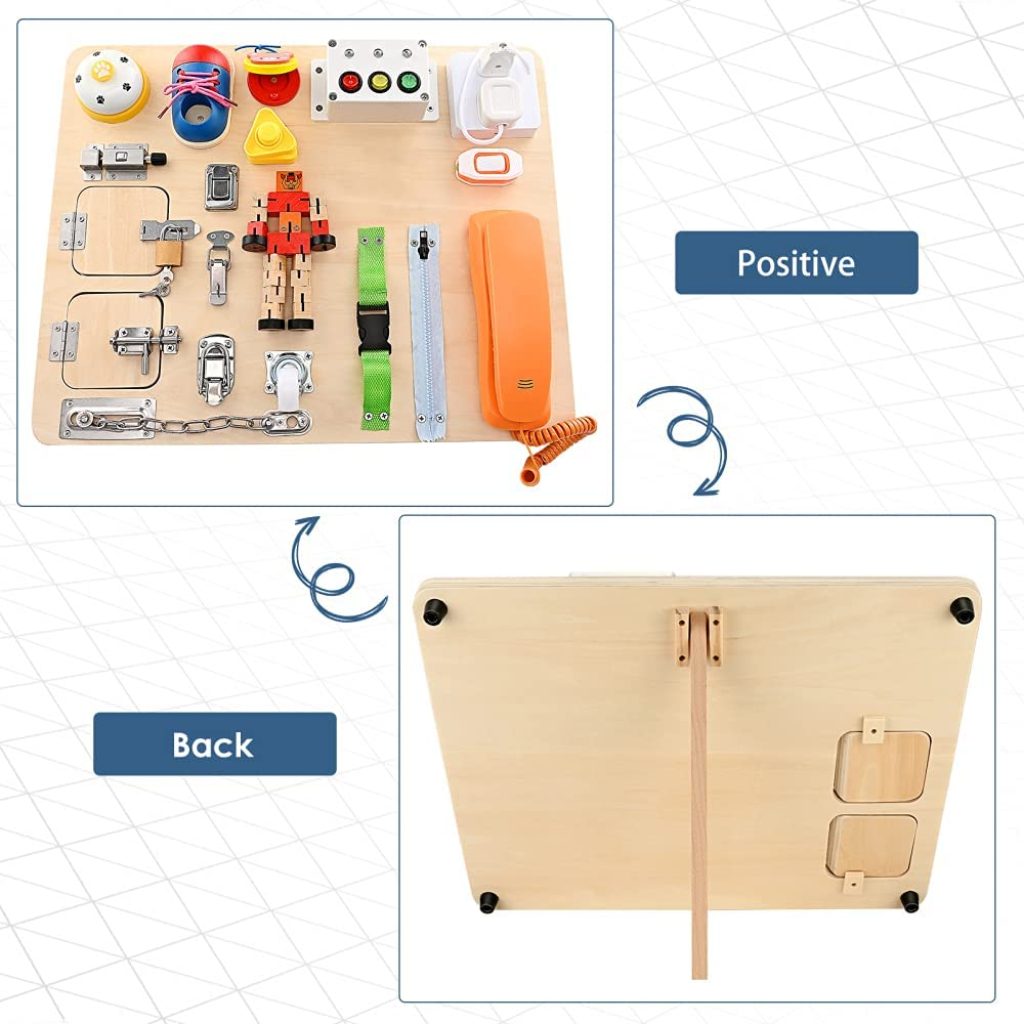 Ce busy board en bois pour bébé multi activités a un téléphone orange.