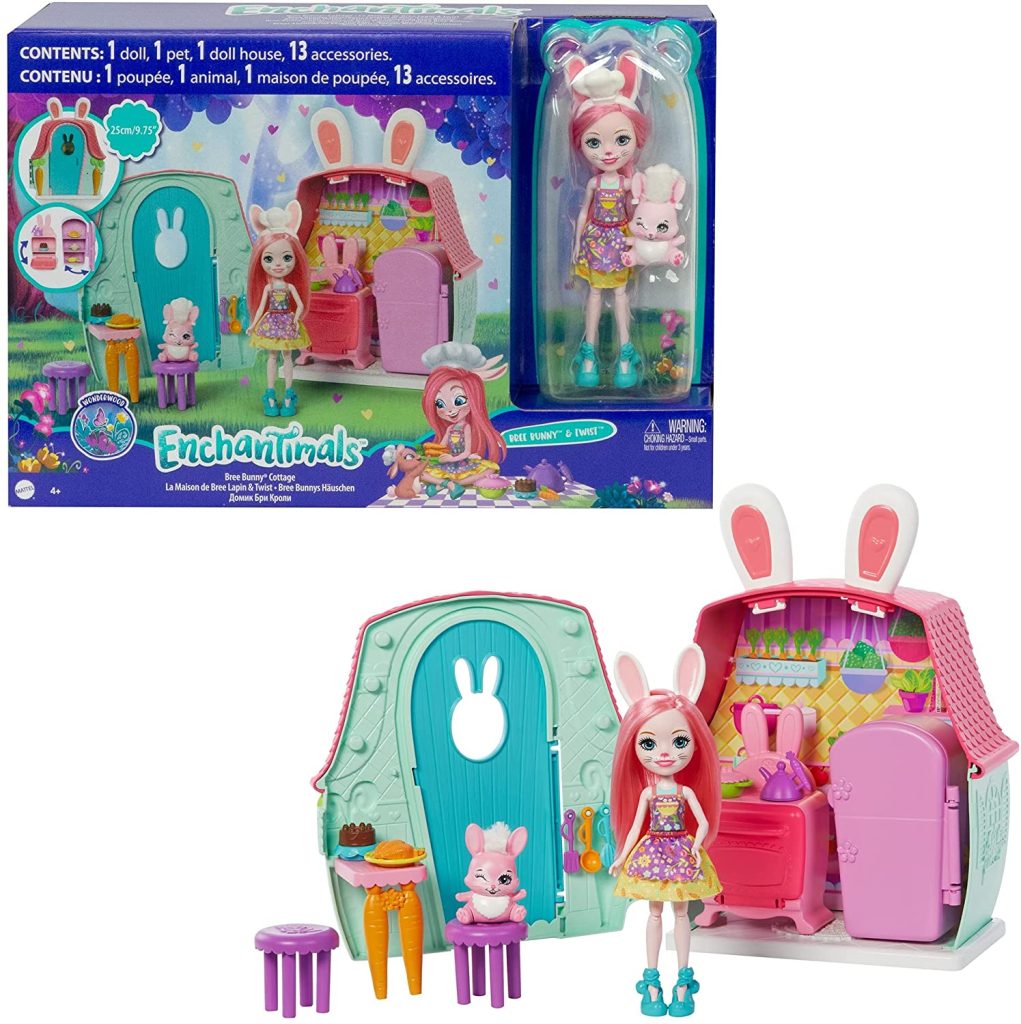 Ce coffret Enchantimals reprèsente la maison de Bree Lapin et sa figurine avec son animal de compagnie.