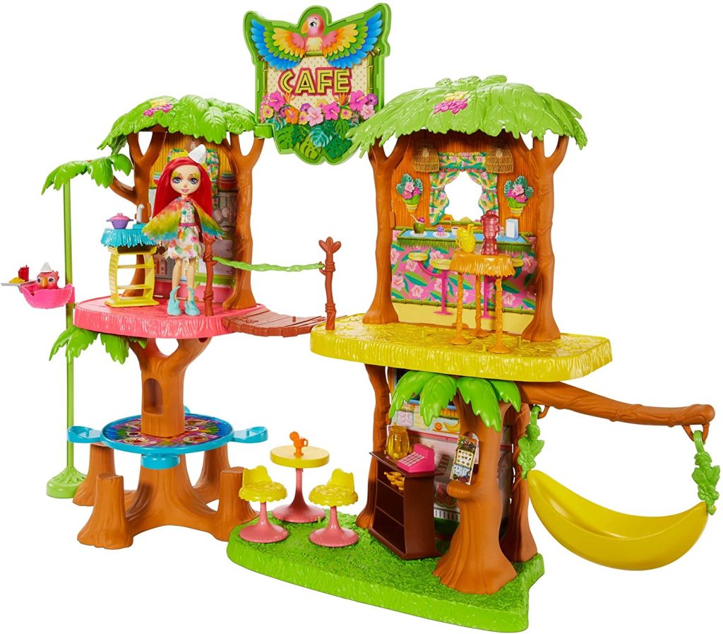 La maison enchantimals café jungle comprend divers accessoires.