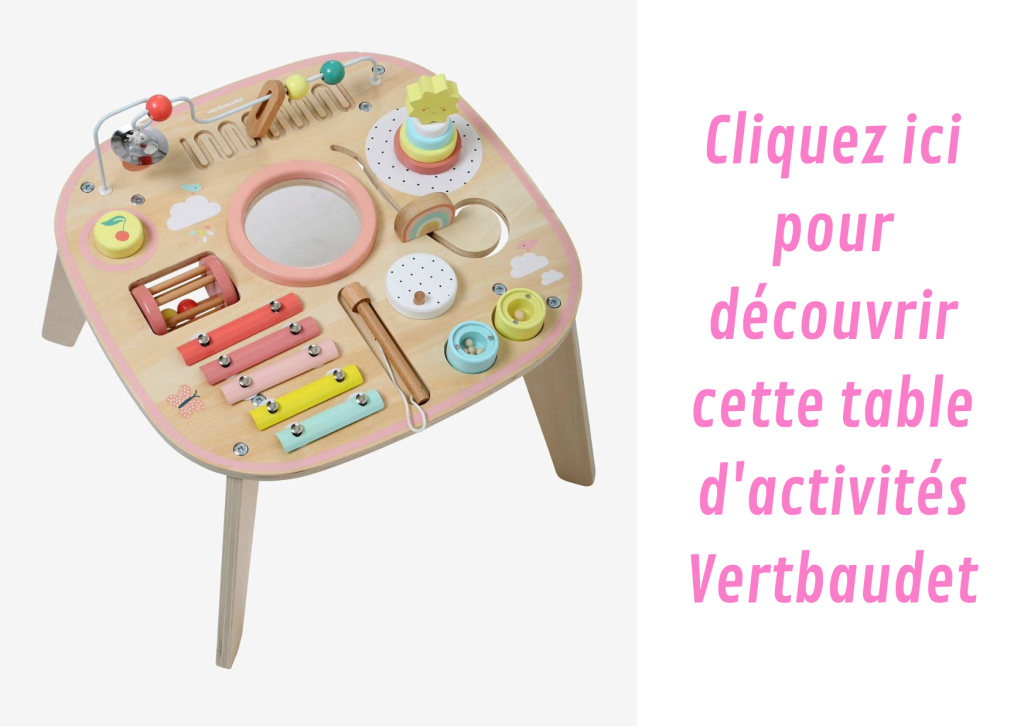 Cette table d'activités pour bébé musicale Vertbaudet est rose.