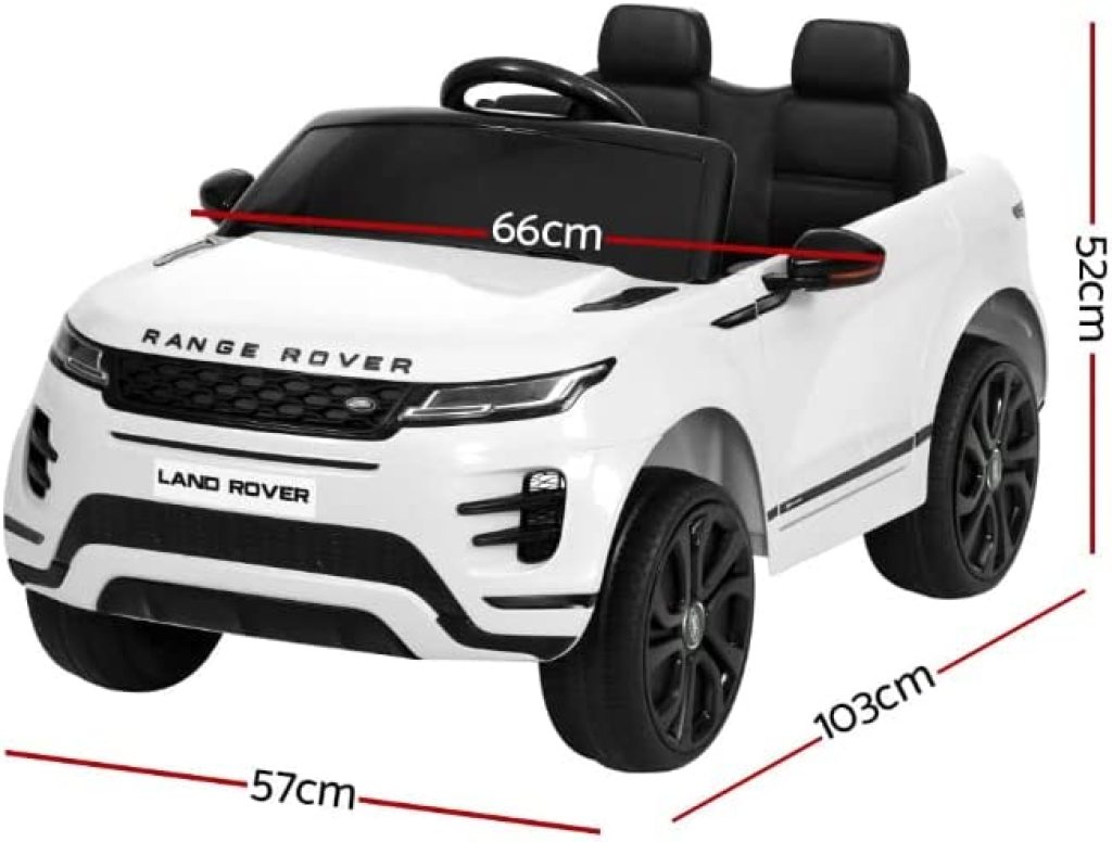 Cette voiture électrique pour bébé représente un Range Rover Evoque de couleur blanche.
