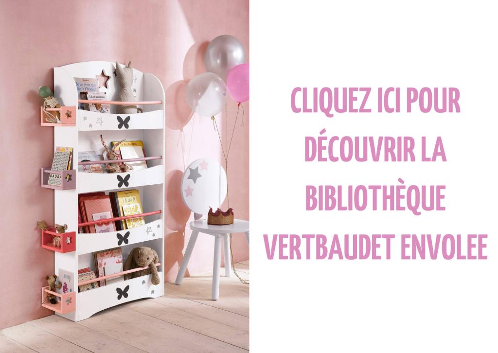 La bibliothèque pour enfant de la collection Envolée chez Vertbaudet a des motifs papillons.