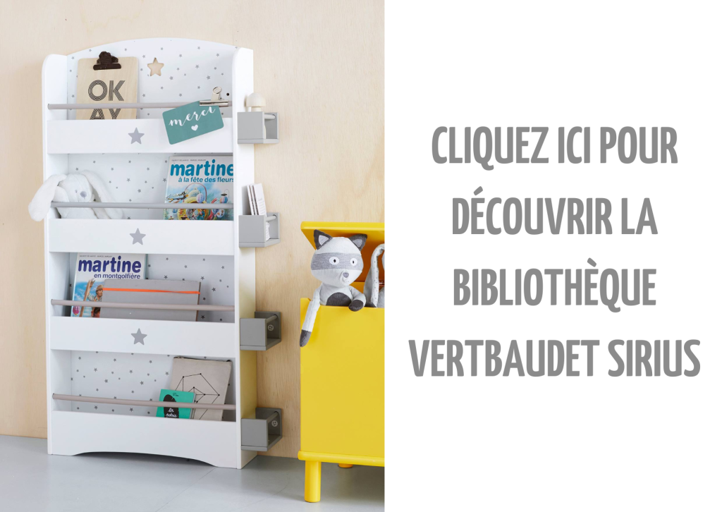 Ce meuble bibliothèque pour enfant de la collection Sirius chez Vertbaudet a des motifs étoiles.