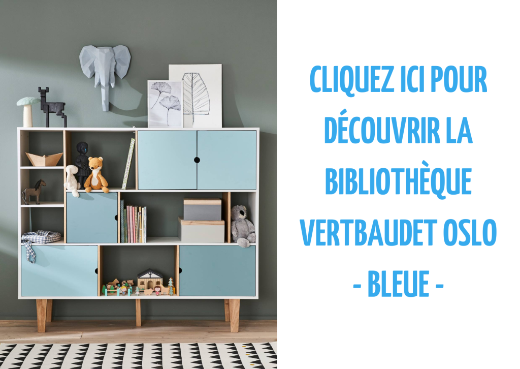 Ce meuble bibliothèque Oslo Vertbaudet est de couleur blanche et bleue.