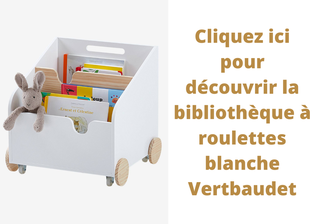 Cette bibliothèque à roulettes Vertbaudet est blanche et bois.