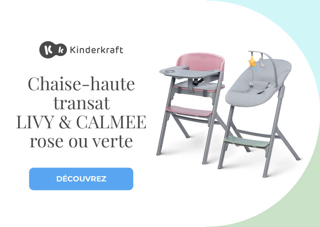 La chaise haute livy et calmee de kinderkraft existe en rose, bois ou verte.