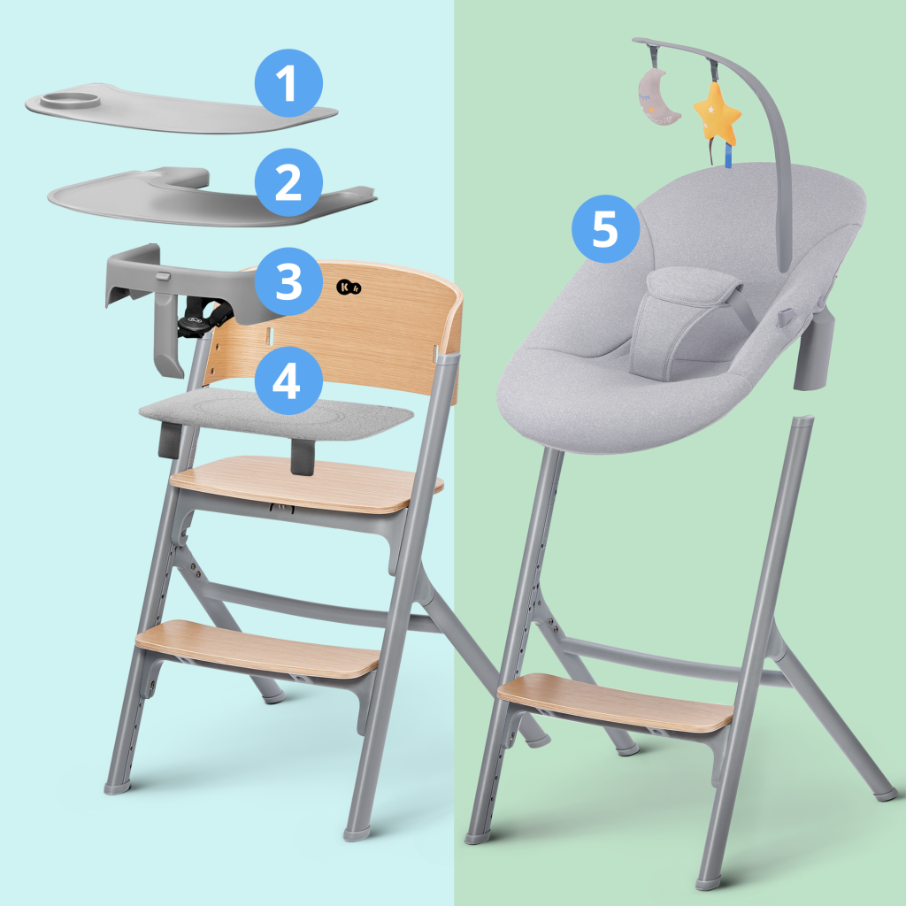 La chaise haute Kinderkraft Livy & Calmee se compose de divers éléments.