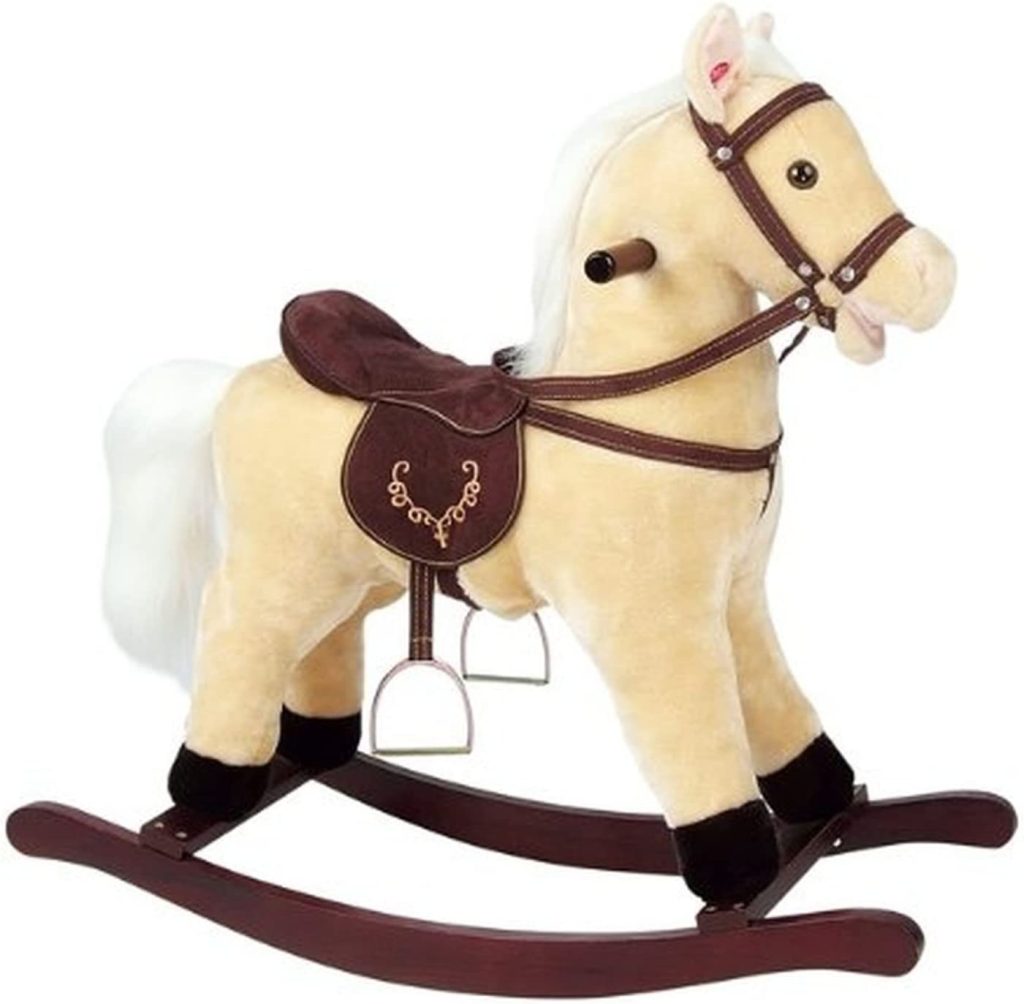 Ce cheval à bascule sonore Leomark est beige et marron.