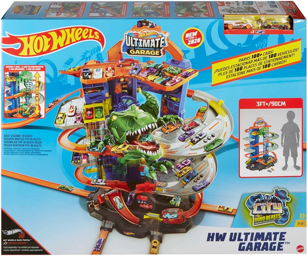 Ce garage Hot Wheels comporte un dinosaure.