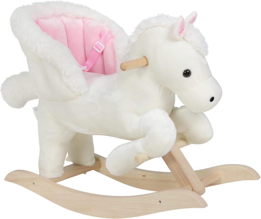 Ce cheval à bascule Woltu est blanc et rose.