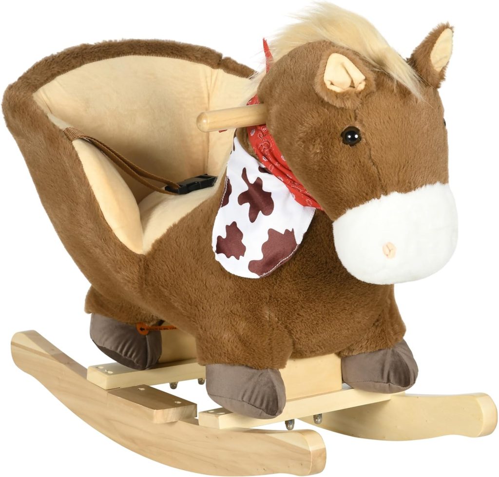 Ce cheval à bascule brun Homcom a un foulard rouge.