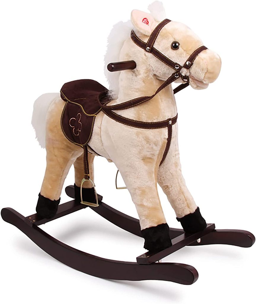 Ce cheval à bascule sonore Leomark est beige et marron.