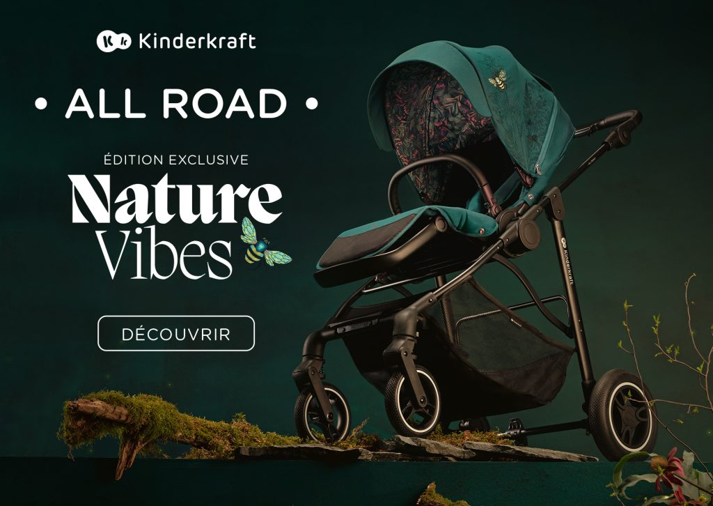 La poussette All Road Nature Vibes de Kinderkraft a un canopy rétractable.
