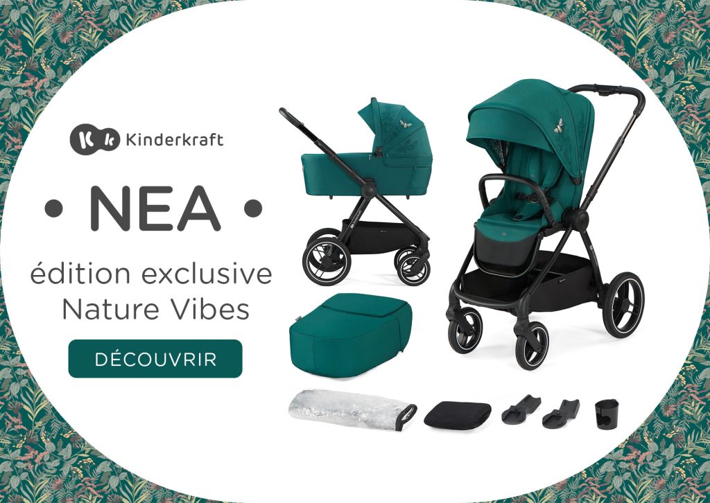 Cette poussette Nea 2 en 1 de Kinderkraft fait partie de la collection nature vibes avec sa couleur verte.