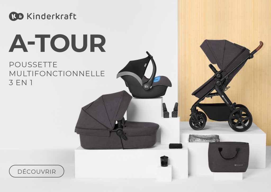 La poussette trio Kinderkraft A-TOUR comprend un cosy pour bébé.