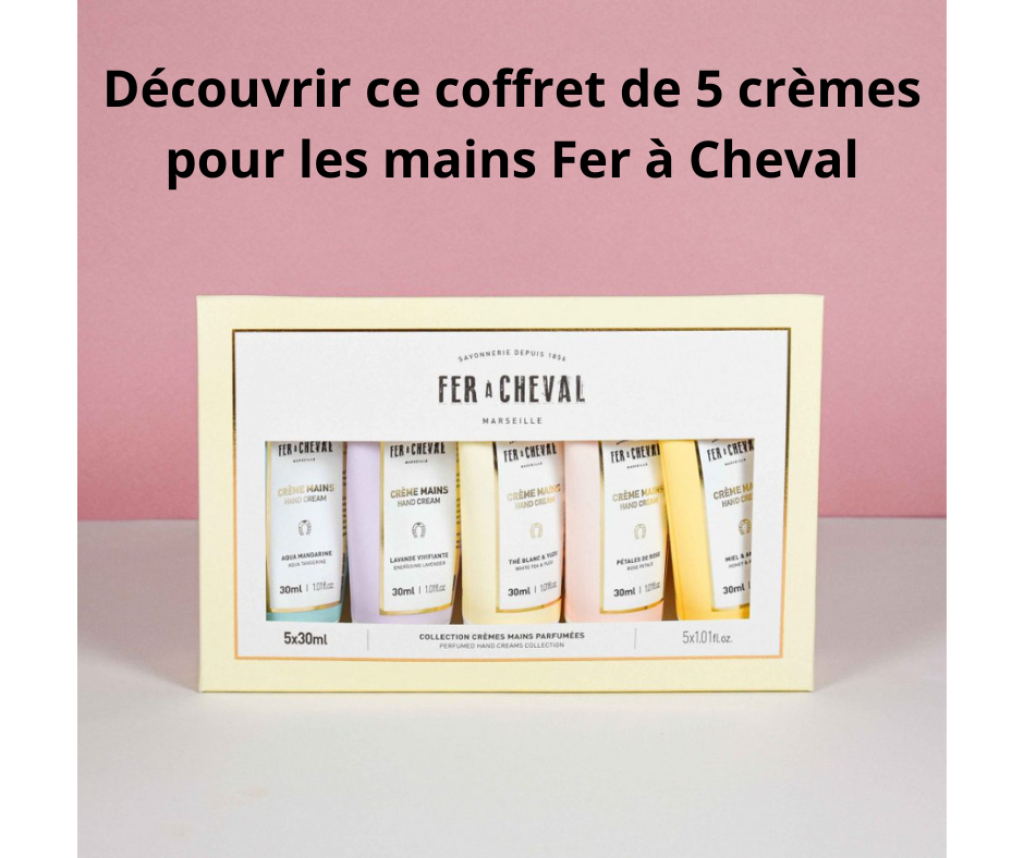 Ce coffret de la Savonnerie Fer à cheval contient 5 crèmes pour les mains.