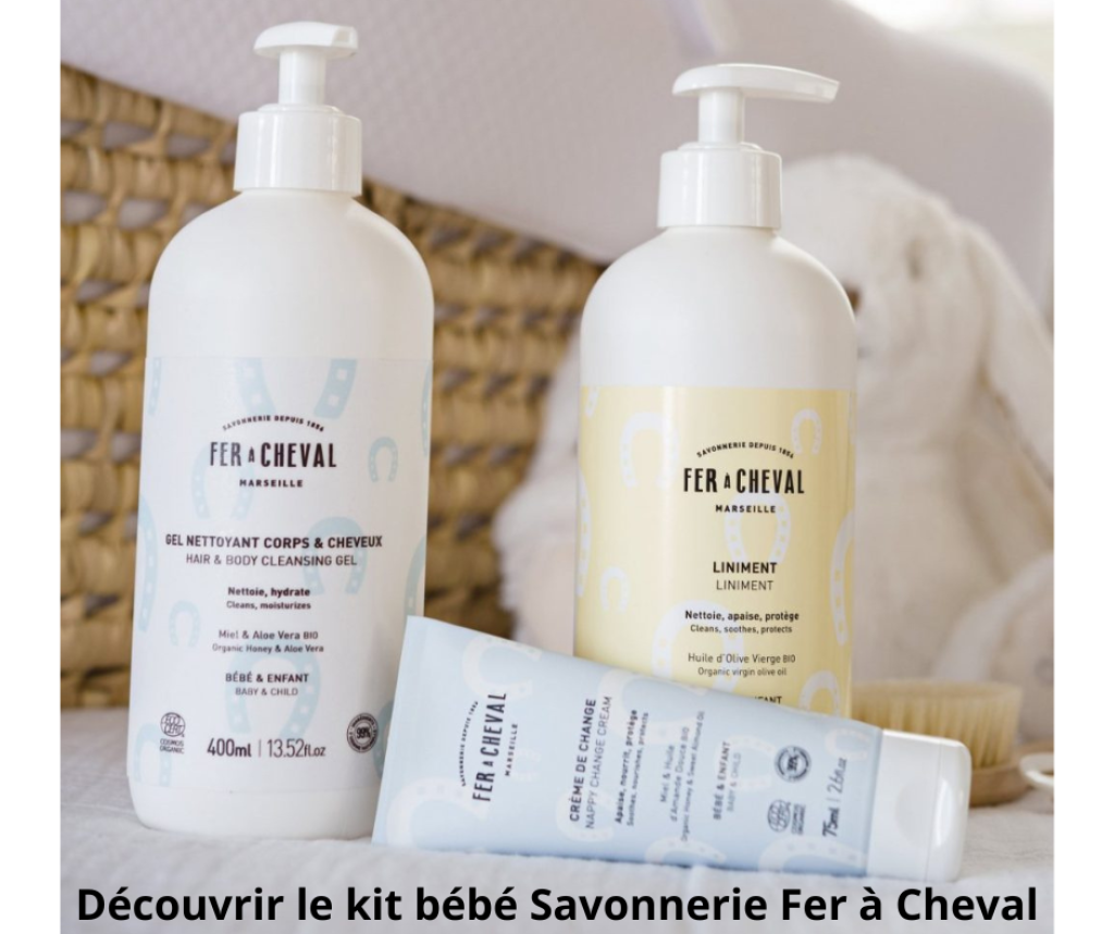 Ce kit pour bébé de la savonnerie fer à cheval contient 3 produits.