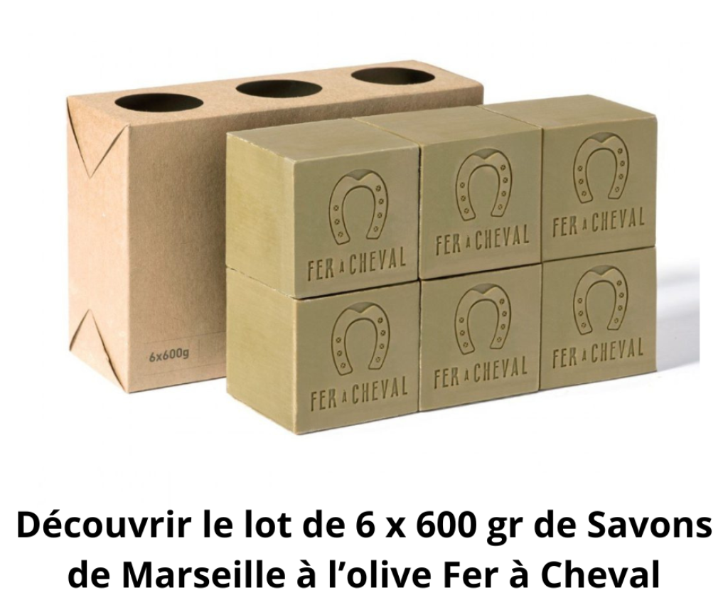 Ce lot de 6 savons de Marseille de la savonnerie Fer à cheval est à l'olive.
